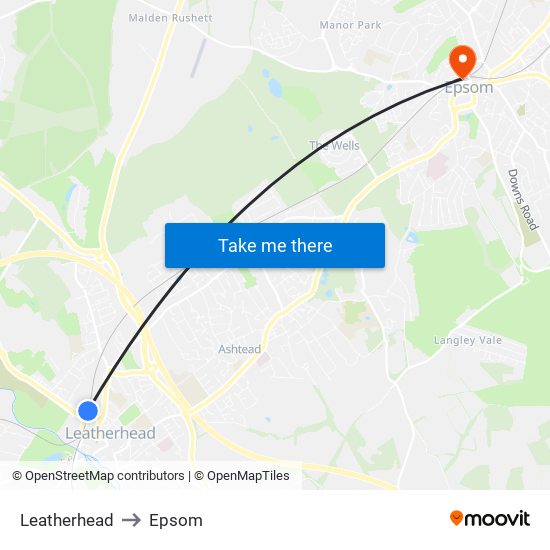 Leatherhead to Epsom map