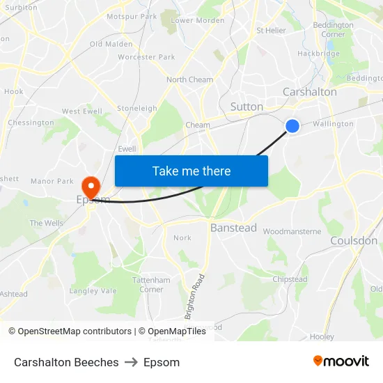 Carshalton Beeches to Epsom map