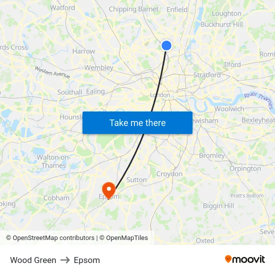 Wood Green to Epsom map