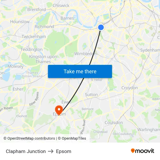 Clapham Junction to Epsom map