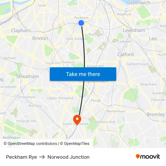 Peckham Rye to Norwood Junction map