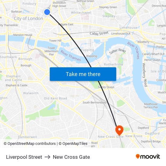 Liverpool Street to New Cross Gate map