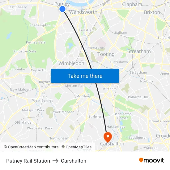 Putney Rail Station to Carshalton map