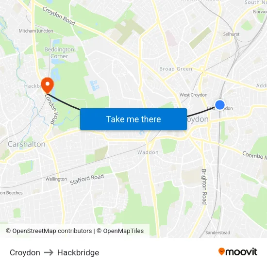 Croydon to Hackbridge map
