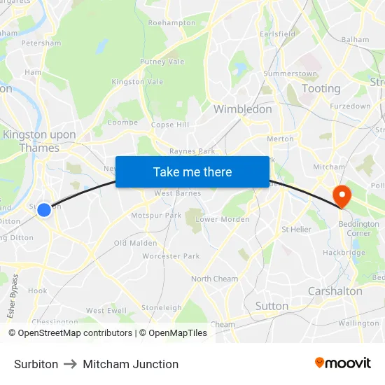 Surbiton to Mitcham Junction map