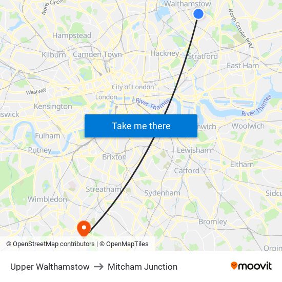 Upper Walthamstow to Mitcham Junction map