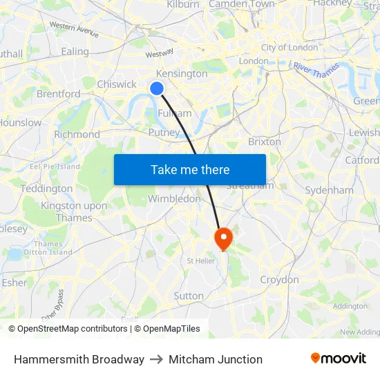 Hammersmith Broadway to Mitcham Junction map