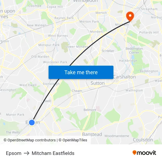 Epsom to Mitcham Eastfields map