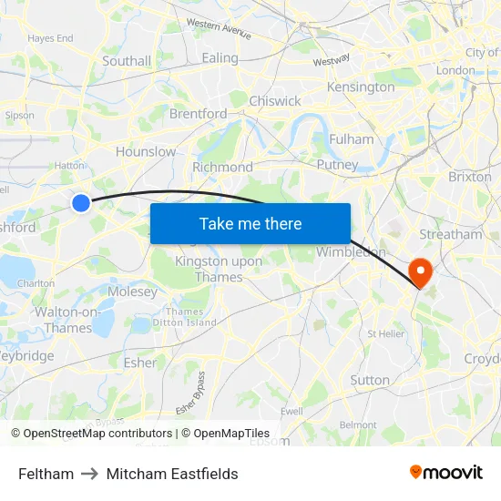 Feltham to Mitcham Eastfields map