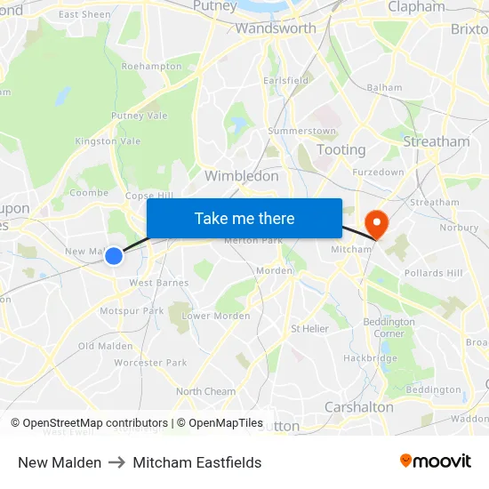 New Malden to Mitcham Eastfields map
