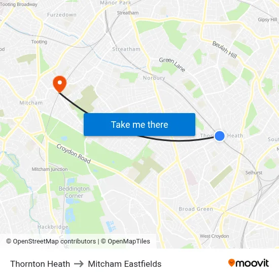 Thornton Heath to Mitcham Eastfields map