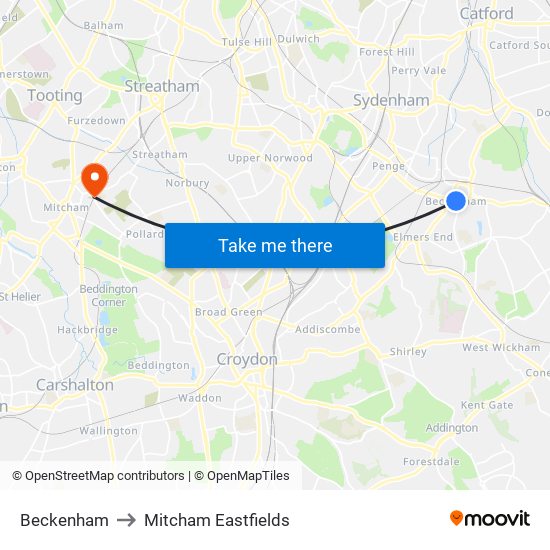 Beckenham to Mitcham Eastfields map