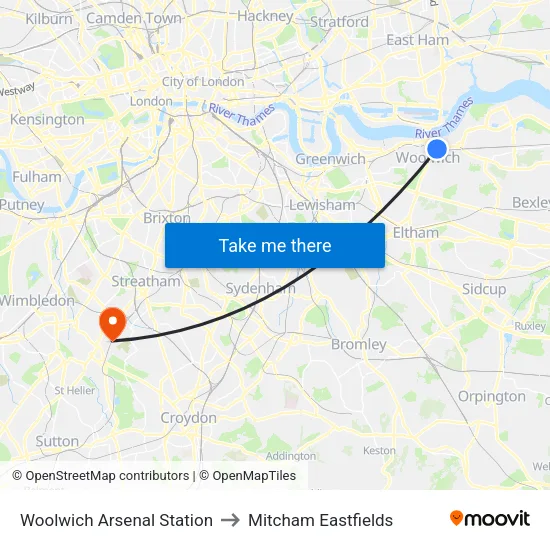 Woolwich Arsenal Station to Mitcham Eastfields map