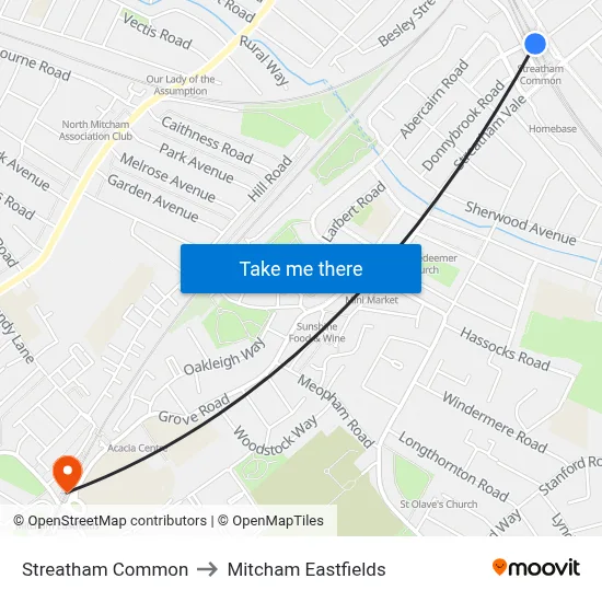 Streatham Common to Mitcham Eastfields map
