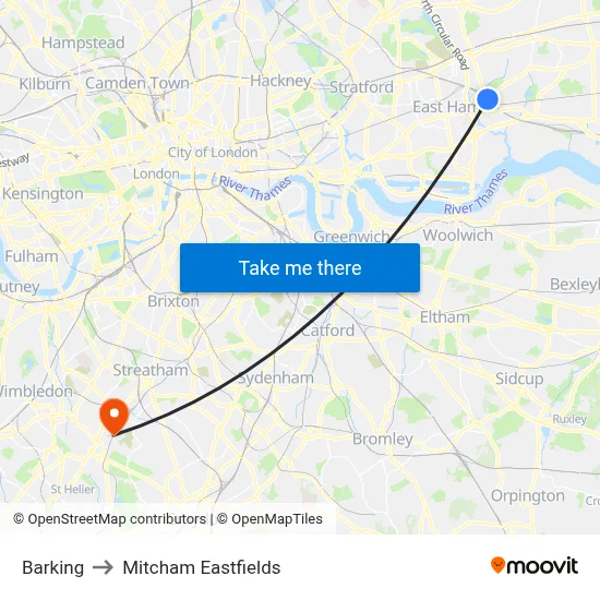 Barking to Mitcham Eastfields map