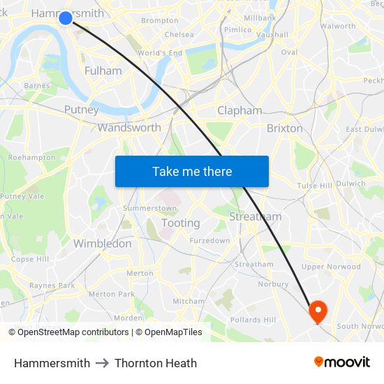 Hammersmith to Thornton Heath map