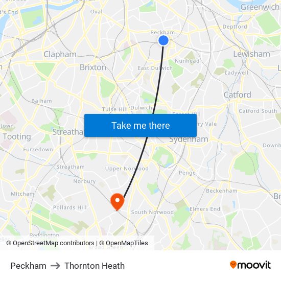 Peckham to Thornton Heath map