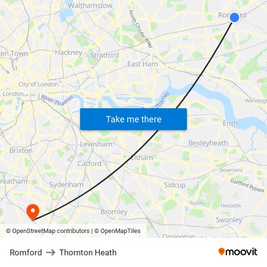 Romford to Thornton Heath map