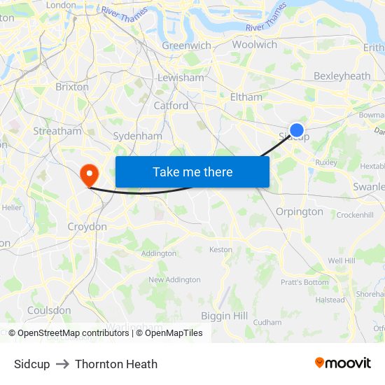 Sidcup to Thornton Heath map