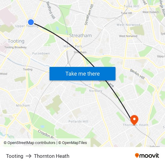 Tooting to Thornton Heath map