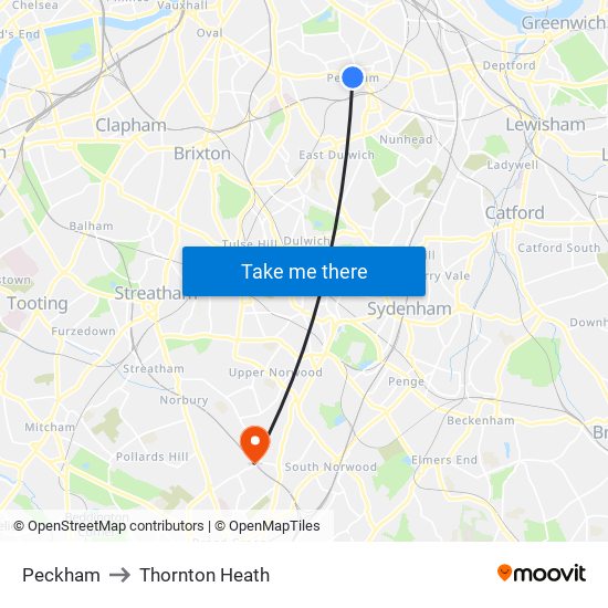 Peckham to Thornton Heath map