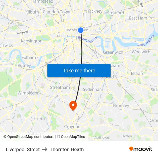 Liverpool Street to Thornton Heath map