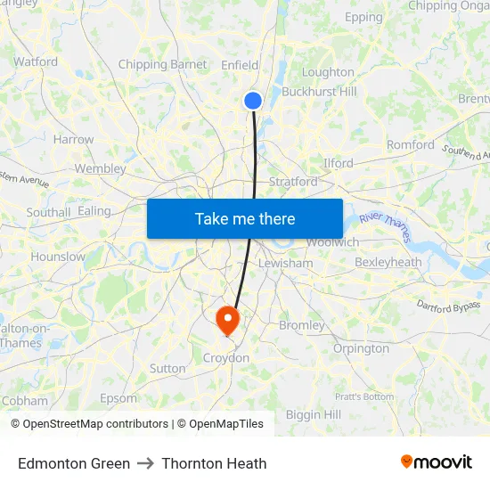 Edmonton Green to Thornton Heath map