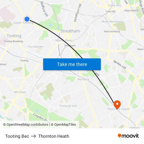 Tooting Bec to Thornton Heath map