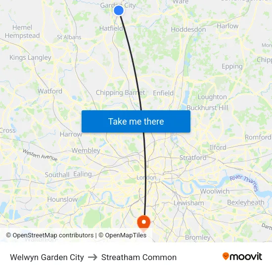 Welwyn Garden City to Streatham Common map