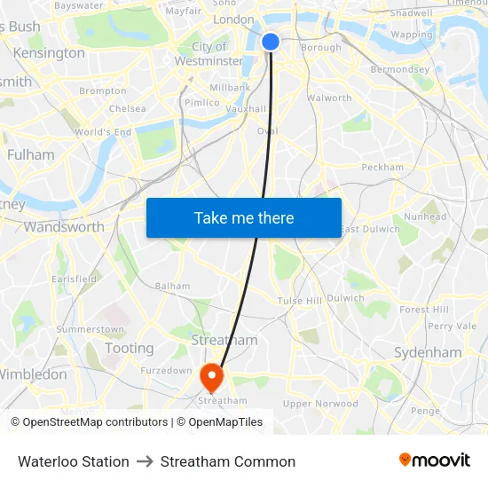 Waterloo Station to Streatham Common map