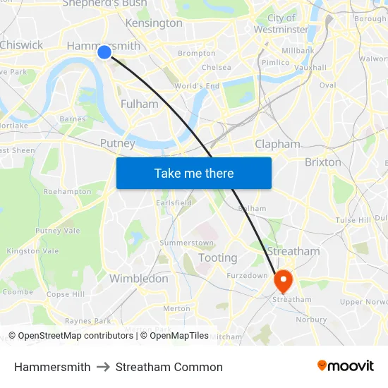Hammersmith to Streatham Common map