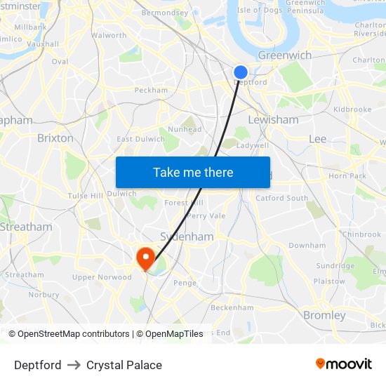 Deptford to Crystal Palace map