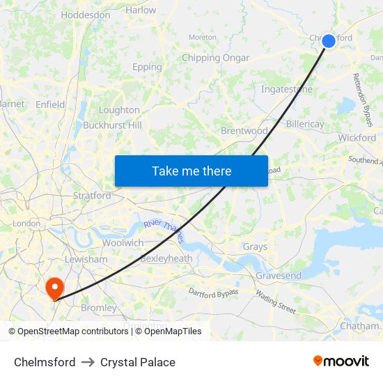 Chelmsford to Crystal Palace map