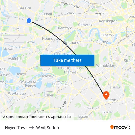 Hayes Town to West Sutton map