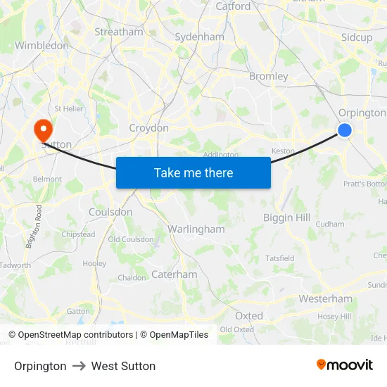 Orpington to West Sutton map