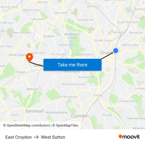 East Croydon to West Sutton map