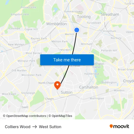 Colliers Wood to West Sutton map