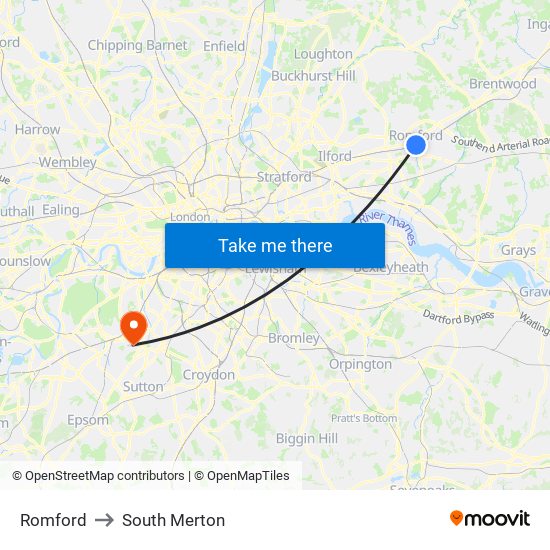 Romford to South Merton map