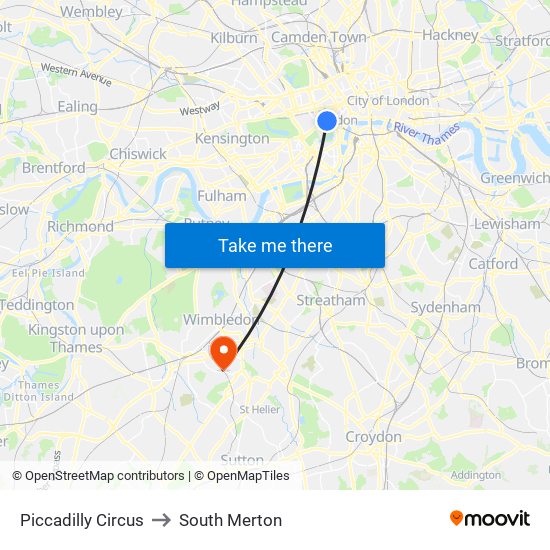 Piccadilly Circus to South Merton map