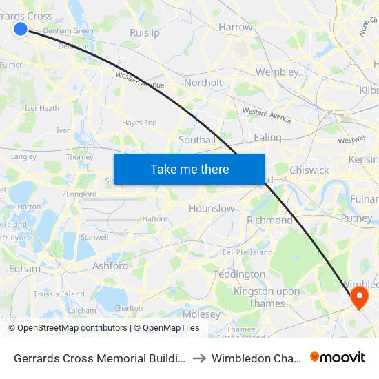 Gerrards Cross Memorial Building to Wimbledon Chase map