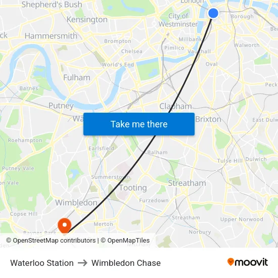 Waterloo Station to Wimbledon Chase map
