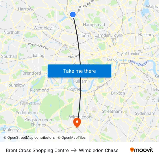 Brent Cross Shopping Centre to Wimbledon Chase map