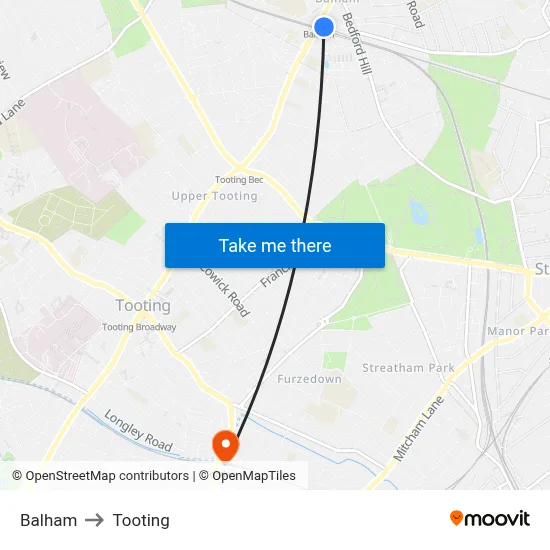 Balham to Tooting map