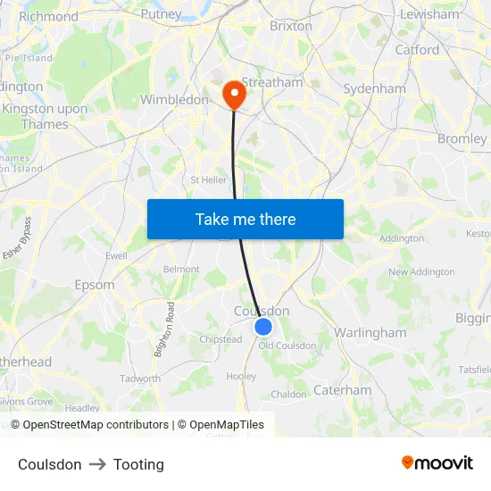 Coulsdon to Tooting map