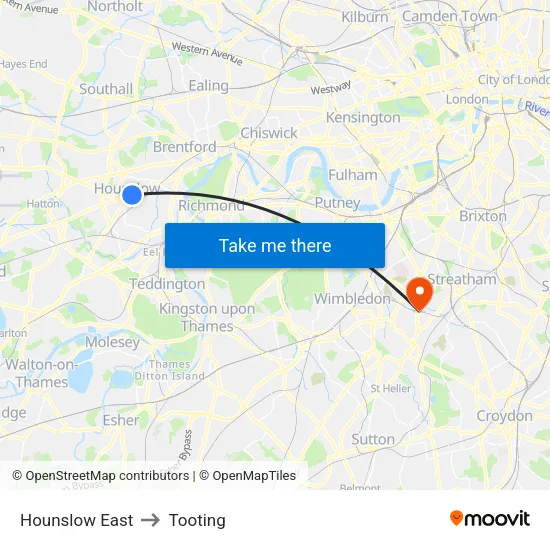 Hounslow East to Tooting map
