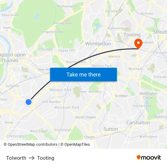 Tolworth to Tooting map