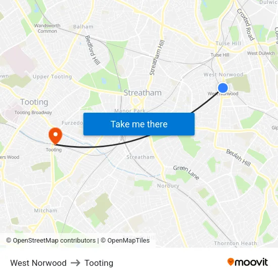 West Norwood to Tooting map
