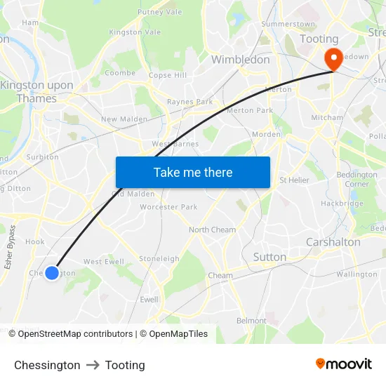 Chessington to Tooting map