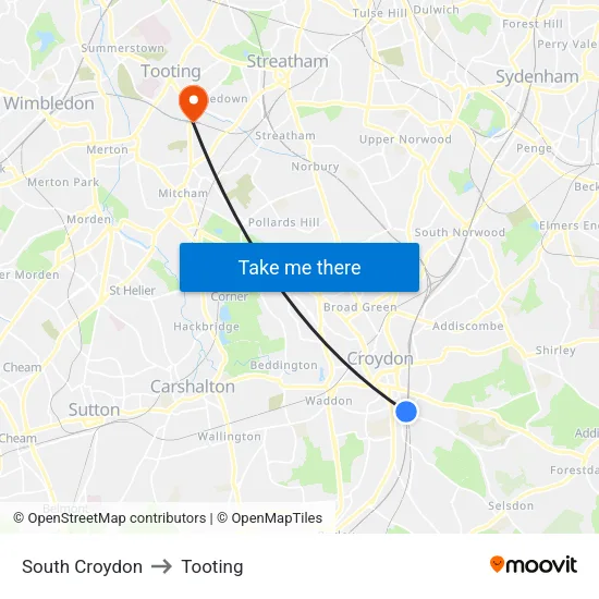 South Croydon to Tooting map