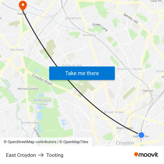 East Croydon to Tooting map